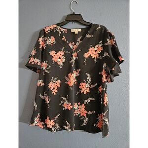 Michael Kors Womens XL Black‎ Floral Blouse Short Flutter Sleeve V-Neck